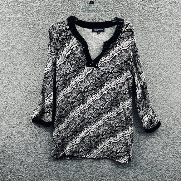Jones New York Womens Extra Large Black White Snake Print Beaded‎ V Neck Top - Picture 1 of 10